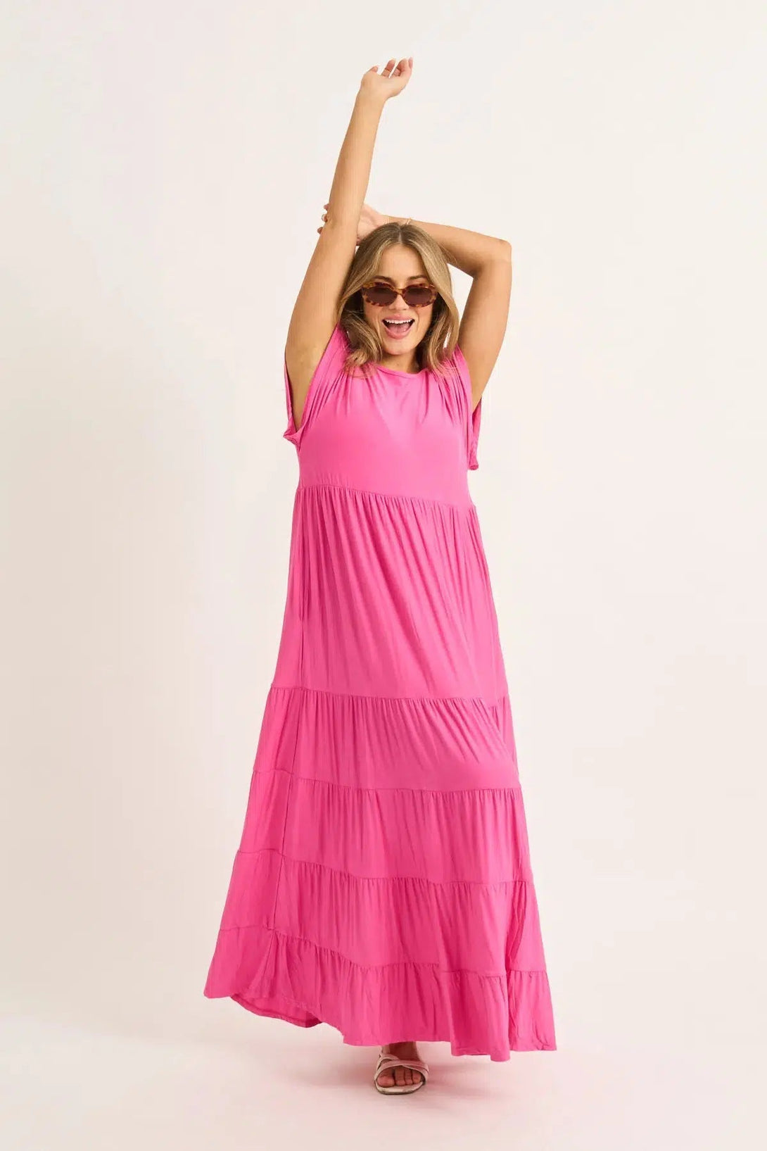 Slinky To Touch Baby Doll Tiered Maxi Dress - Candy Pink-9358328340706-Activewear-Exoticathletica