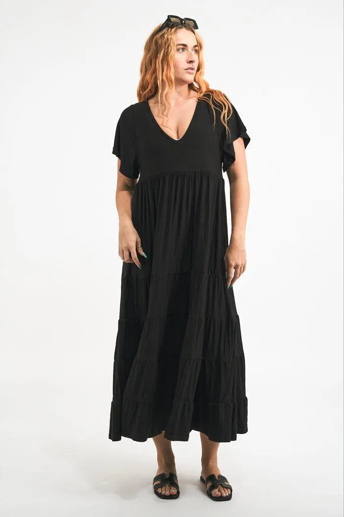 Slinky To Touch Baby Doll Tiered V Neck Maxi Dress - Black-Activewear-Exoticathletica