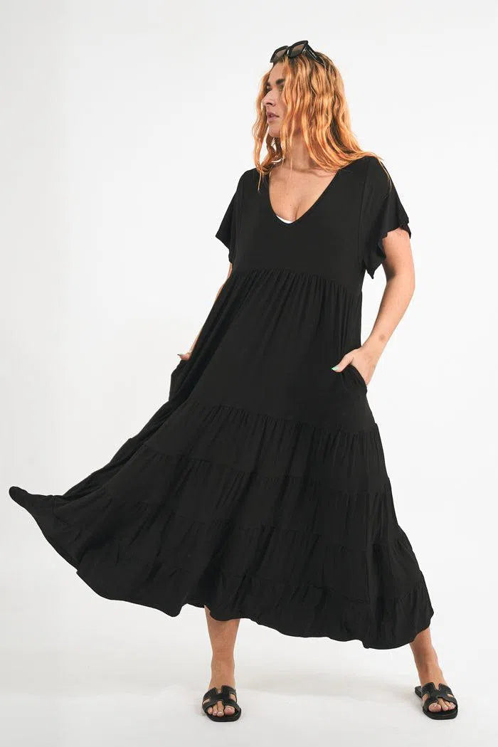 Slinky To Touch Baby Doll Tiered V Neck Maxi Dress - Black-Activewear-Exoticathletica