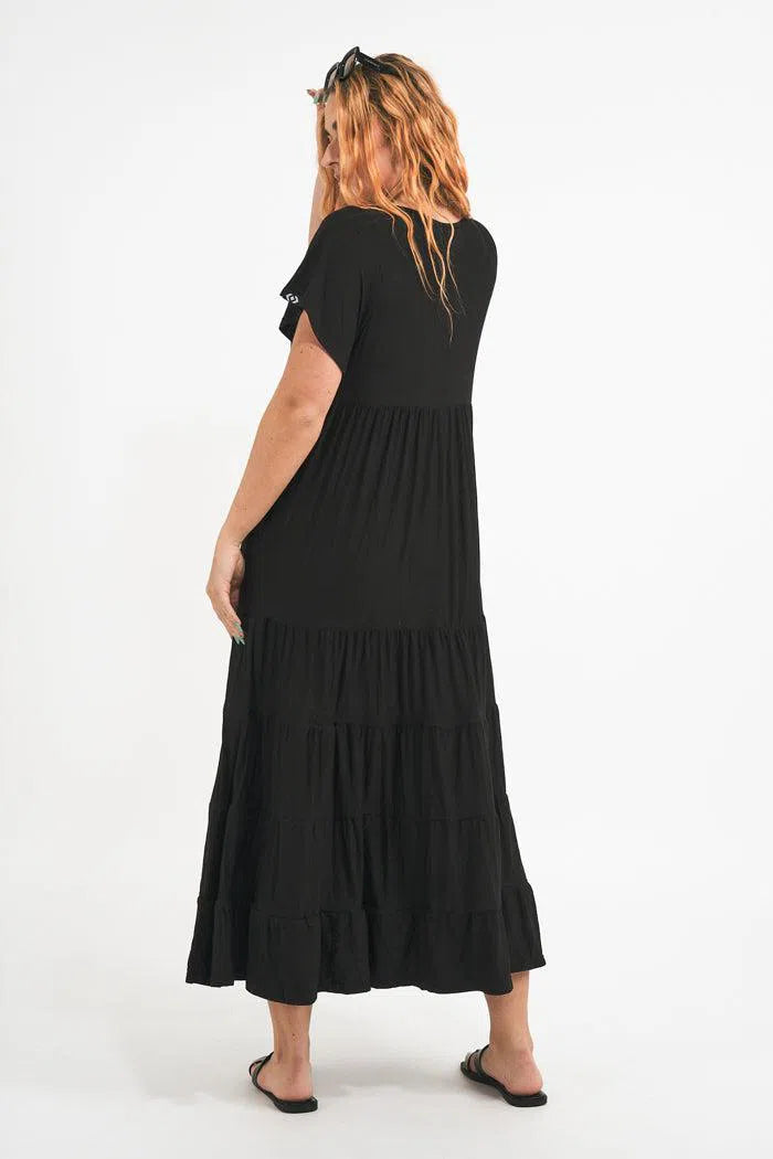 Slinky To Touch Baby Doll Tiered V Neck Maxi Dress - Black-Activewear-Exoticathletica