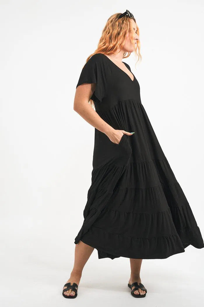 Slinky To Touch Baby Doll Tiered V Neck Maxi Dress - Black-Activewear-Exoticathletica