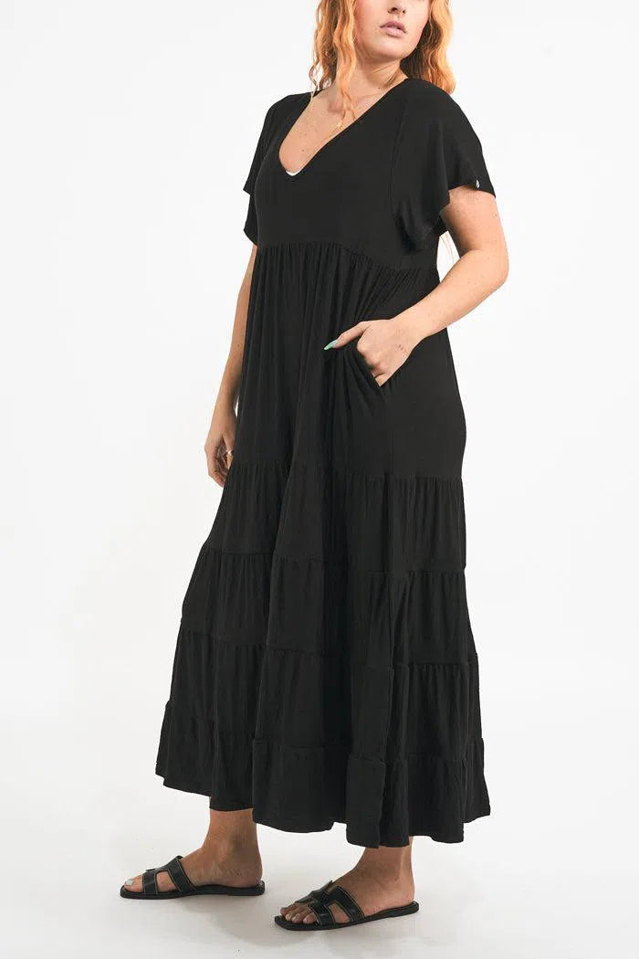 Slinky To Touch Baby Doll Tiered V Neck Maxi Dress - Black-Activewear-Exoticathletica