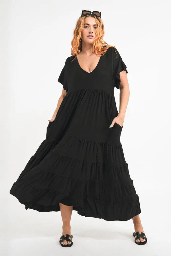 Slinky To Touch Baby Doll Tiered V Neck Maxi Dress - Black-Activewear-Exoticathletica