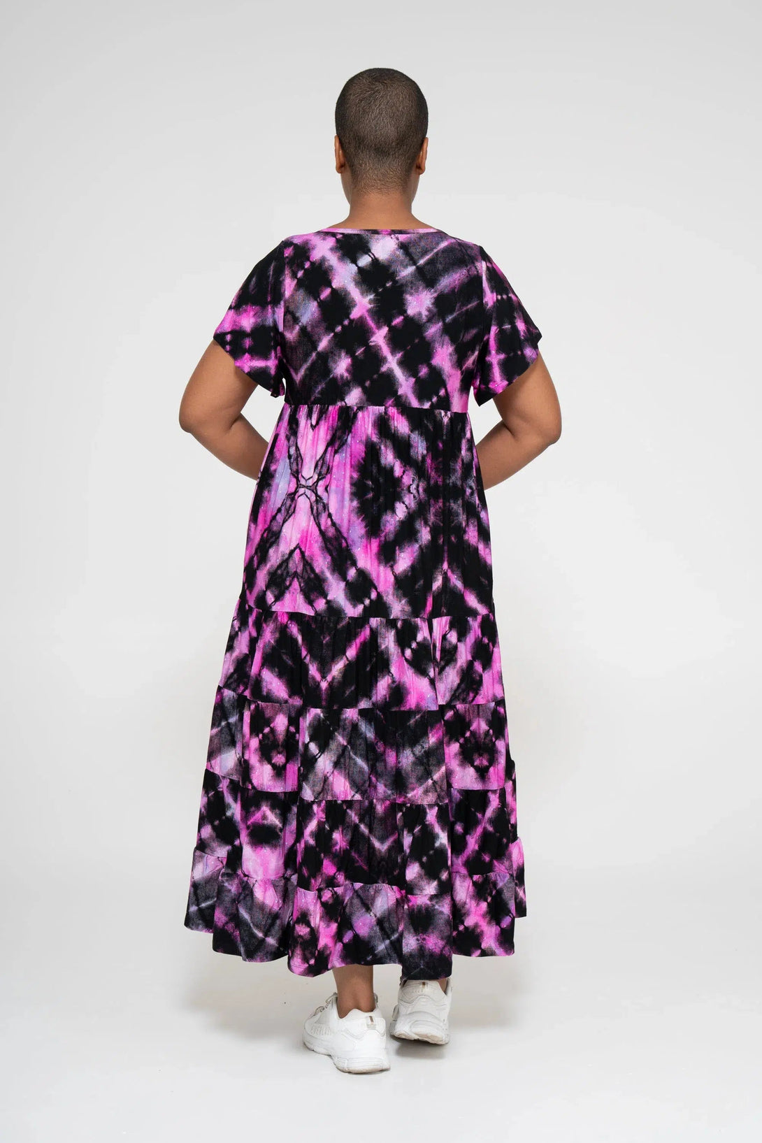 Slinky To Touch Baby Doll Tiered V Neck Maxi Dress - Diamond Pink Tie Dye-Activewear-Exoticathletica