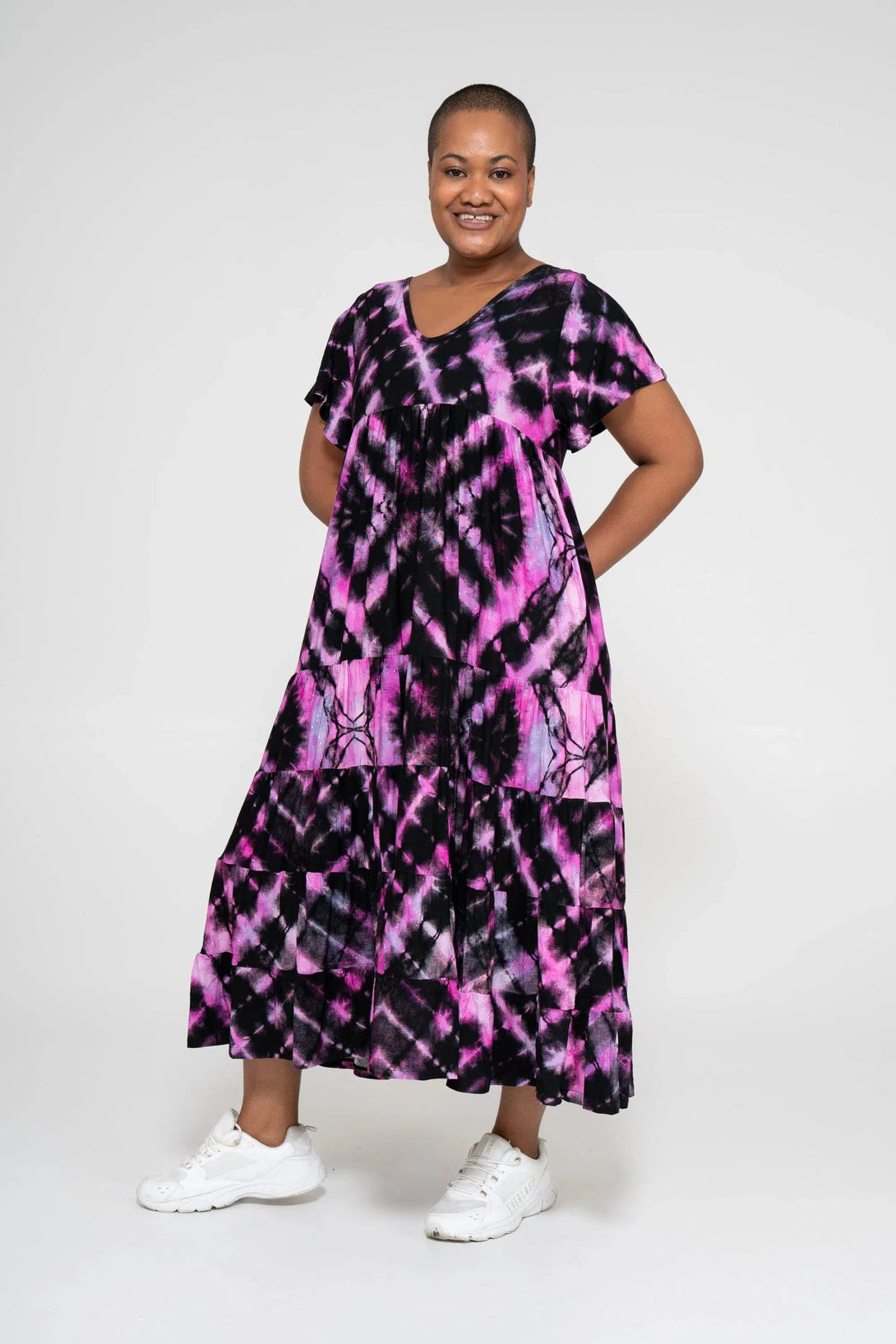 Slinky To Touch Baby Doll Tiered V Neck Maxi Dress - Diamond Pink Tie Dye-Activewear-Exoticathletica