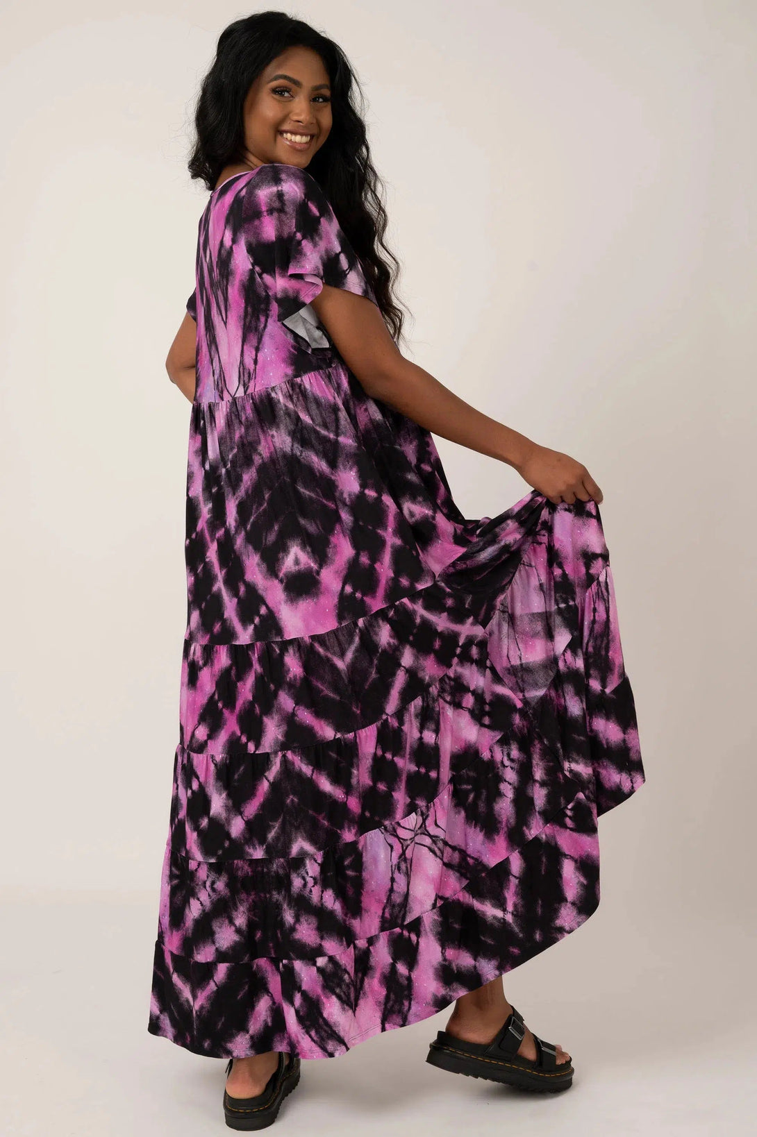 Slinky To Touch Baby Doll Tiered V Neck Maxi Dress - Diamond Pink Tie Dye-Activewear-Exoticathletica