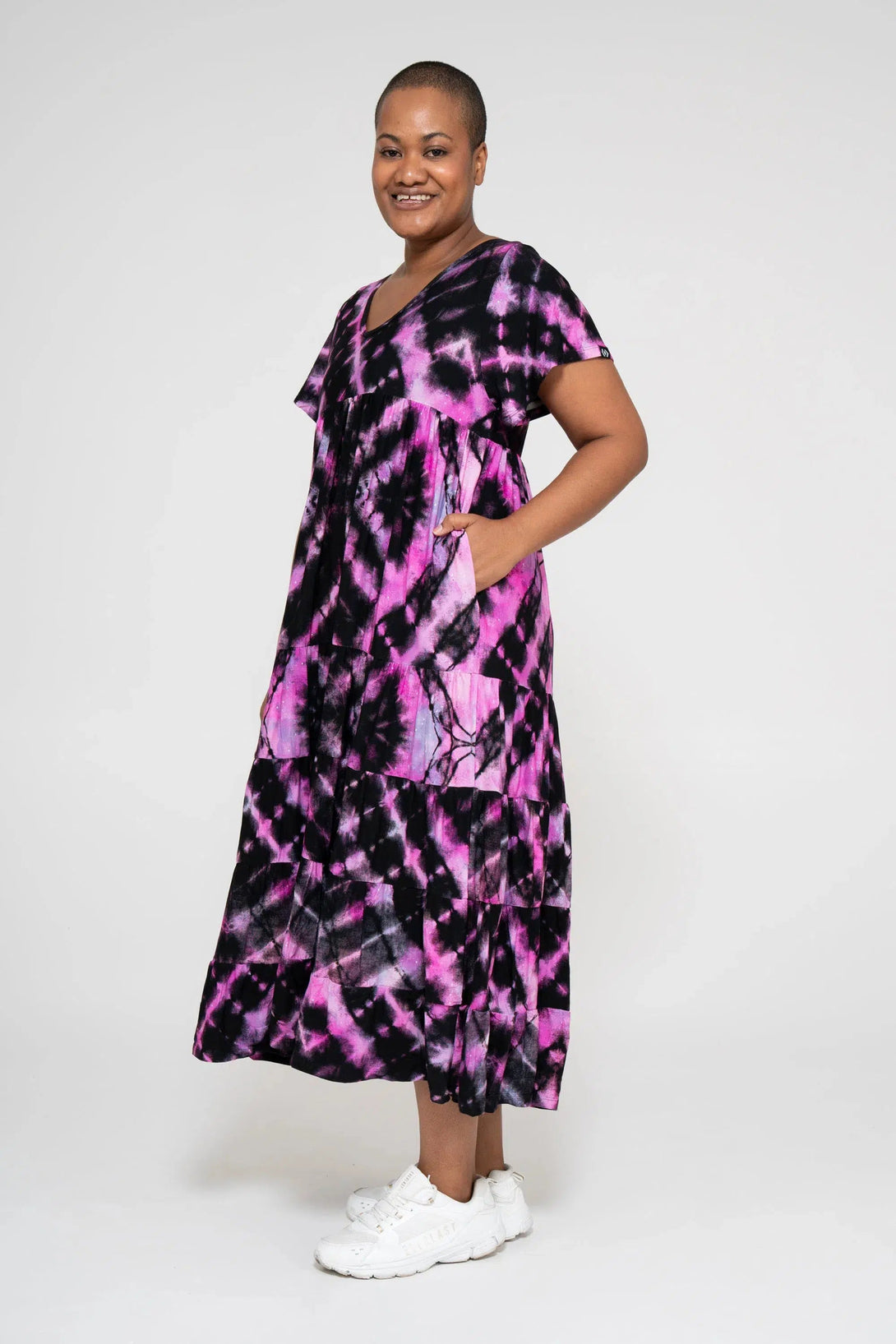 Slinky To Touch Baby Doll Tiered V Neck Maxi Dress - Diamond Pink Tie Dye-Activewear-Exoticathletica