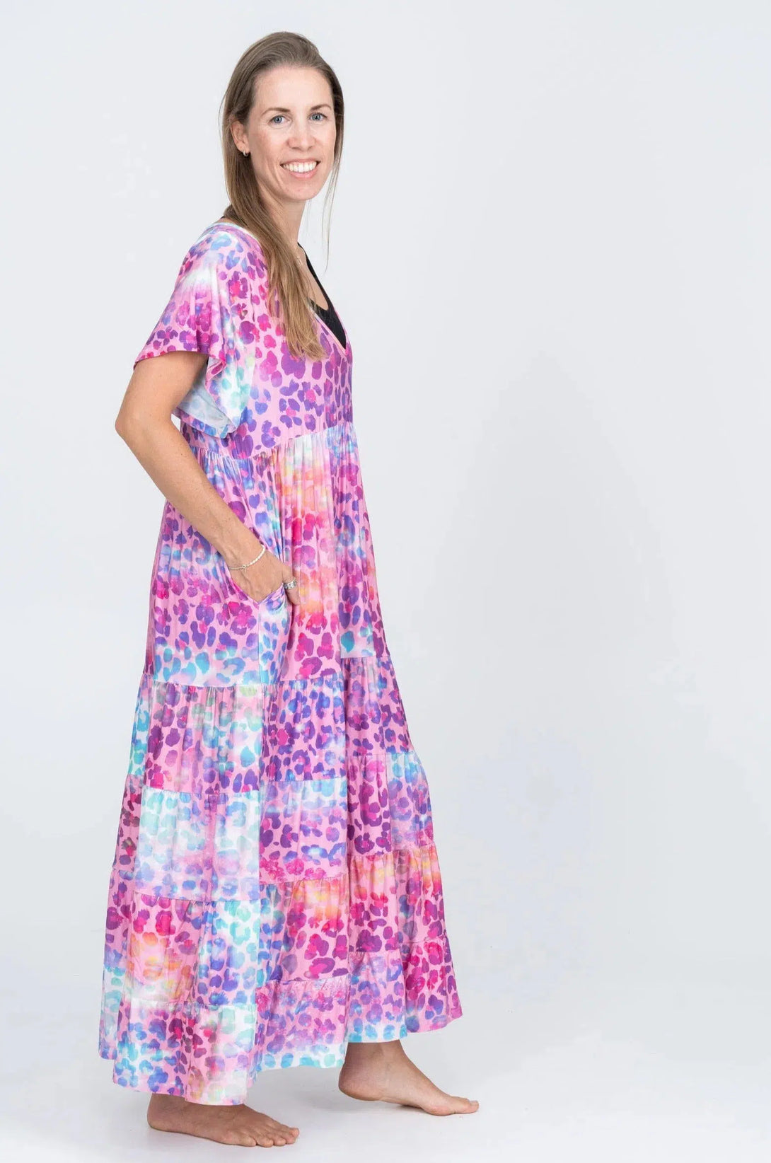 Slinky To Touch Baby Doll Tiered V Neck Maxi Dress - Rainbow Jag-Activewear-Exoticathletica