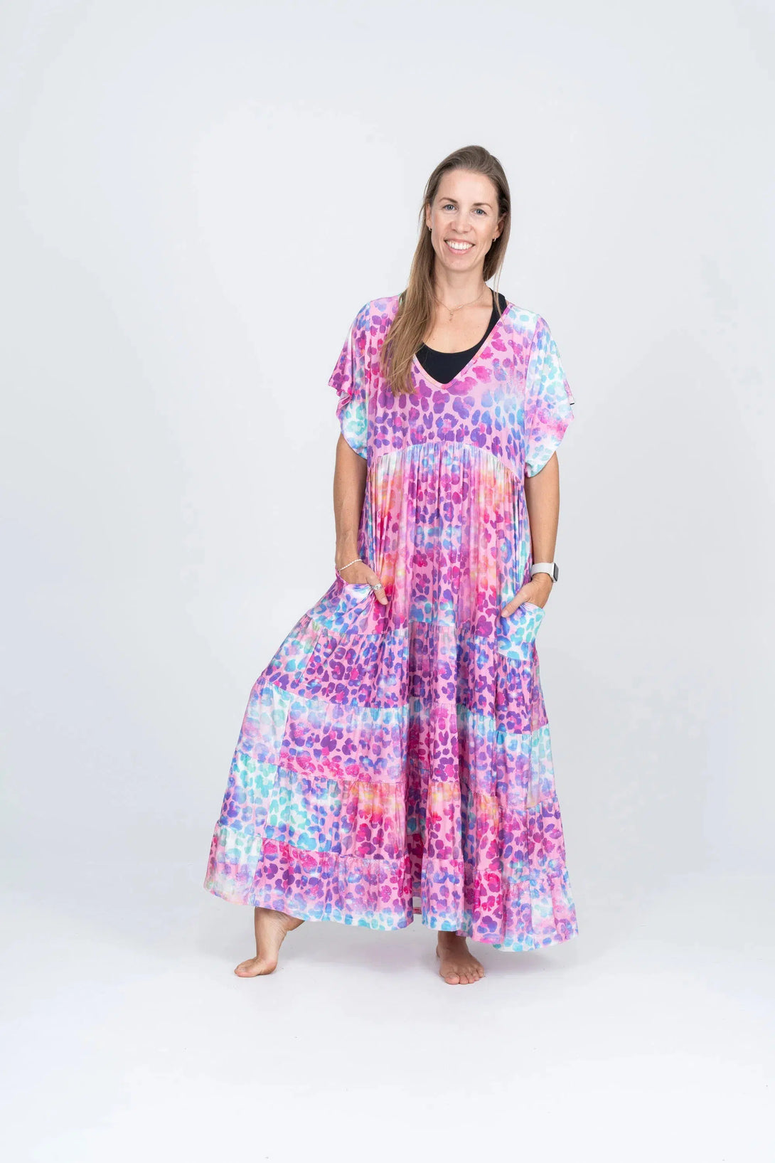 Slinky To Touch Baby Doll Tiered V Neck Maxi Dress - Rainbow Jag-Activewear-Exoticathletica