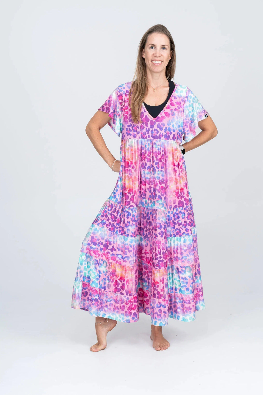 Slinky To Touch Baby Doll Tiered V Neck Maxi Dress - Rainbow Jag-Activewear-Exoticathletica