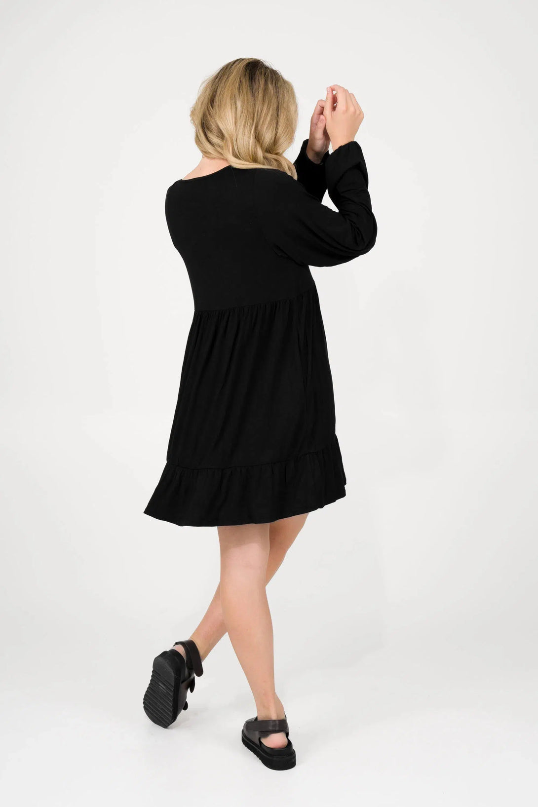 Slinky To Touch Baby Doll Tiered V Neck Mini Dress W/ Elasticated Sleeve - Black-Activewear-Exoticathletica