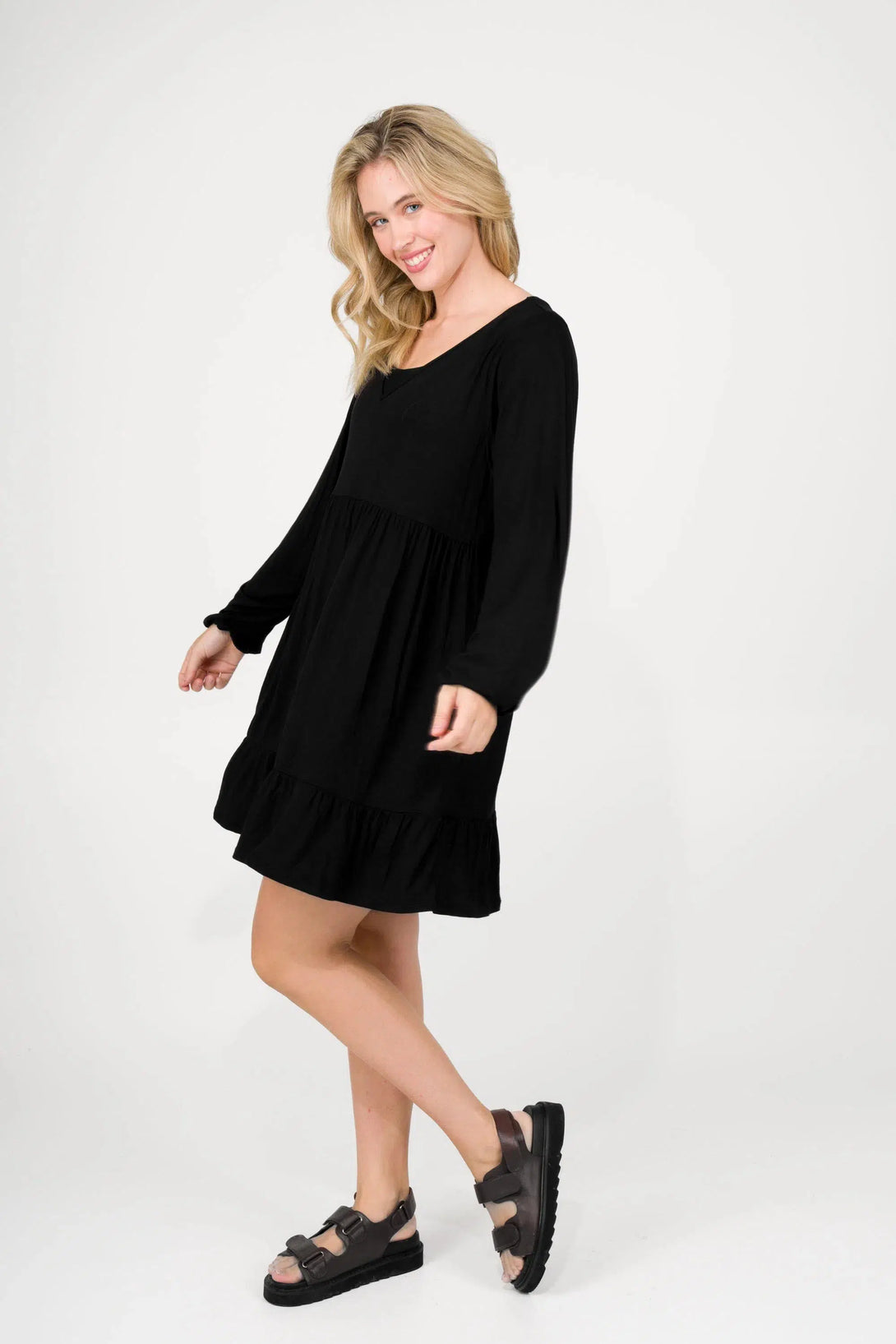 Slinky To Touch Baby Doll Tiered V Neck Mini Dress W/ Elasticated Sleeve - Black-Activewear-Exoticathletica