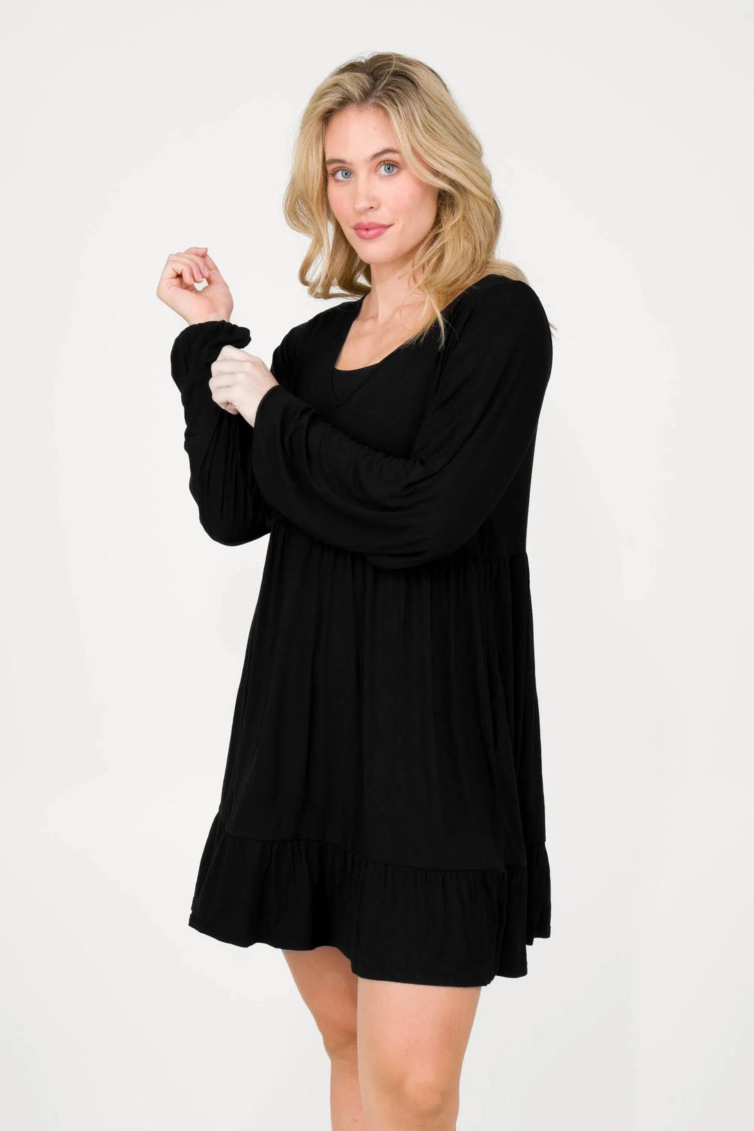 Slinky To Touch Baby Doll Tiered V Neck Mini Dress W/ Elasticated Sleeve - Black-Activewear-Exoticathletica