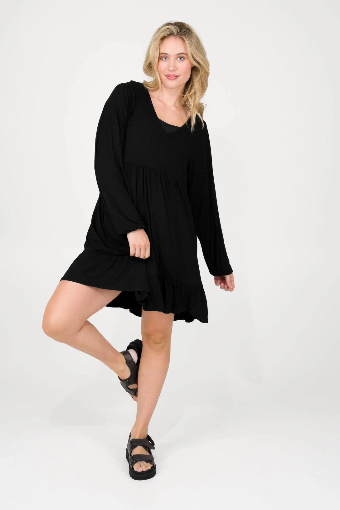 Slinky To Touch Baby Doll Tiered V Neck Mini Dress W/ Elasticated Sleeve - Black-Activewear-Exoticathletica