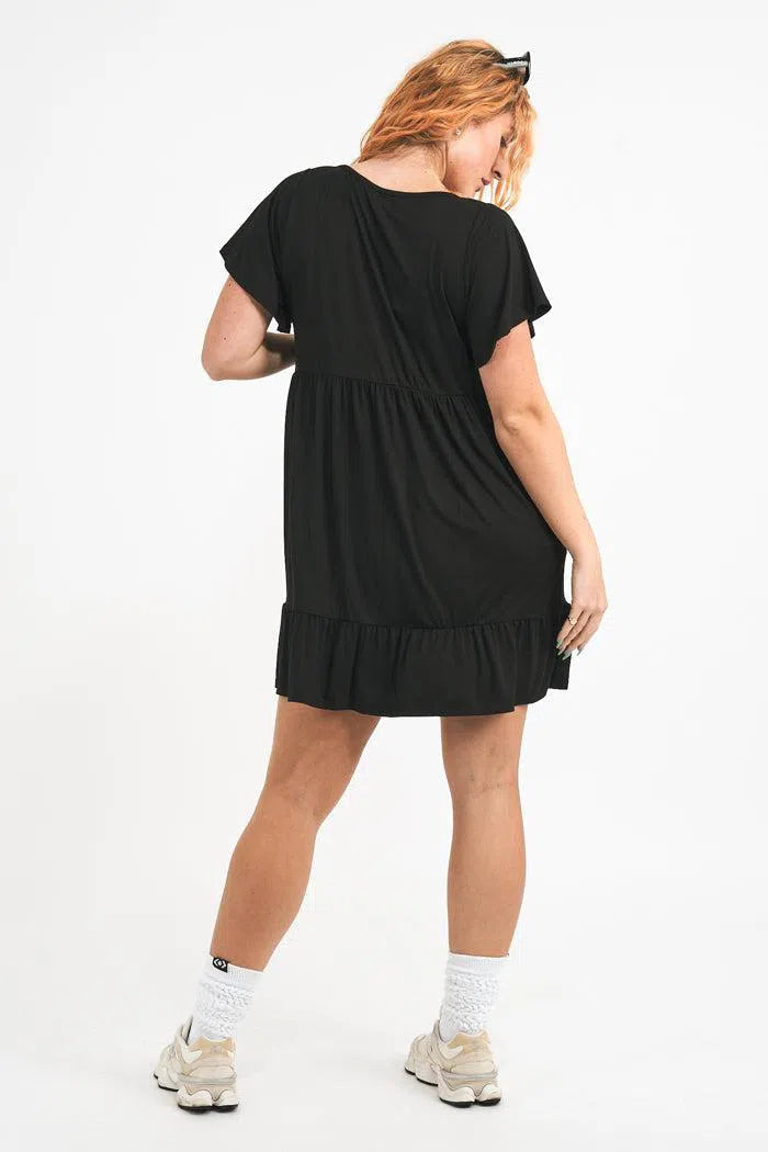 Slinky To Touch Baby Doll V Neck Tiered Mini Dress - Black-Activewear-Exoticathletica