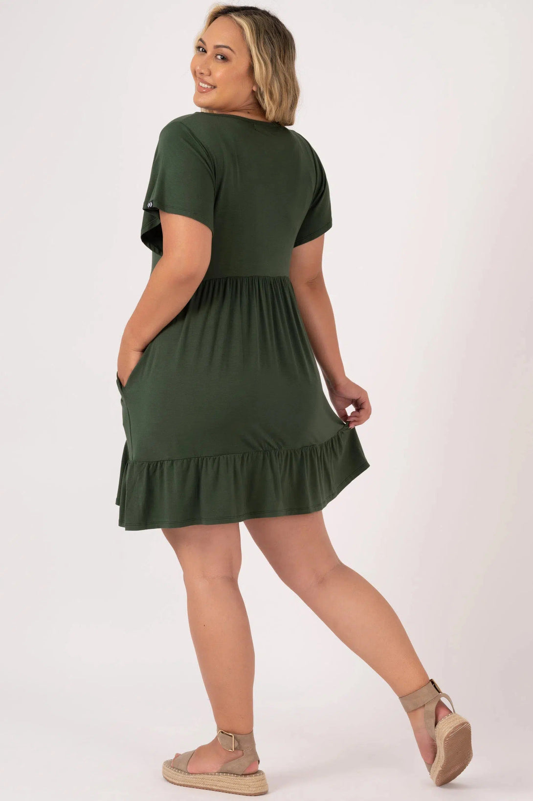 Slinky To Touch Baby Doll V Neck Tiered Mini Dress - Dark Emerald-Activewear-Exoticathletica