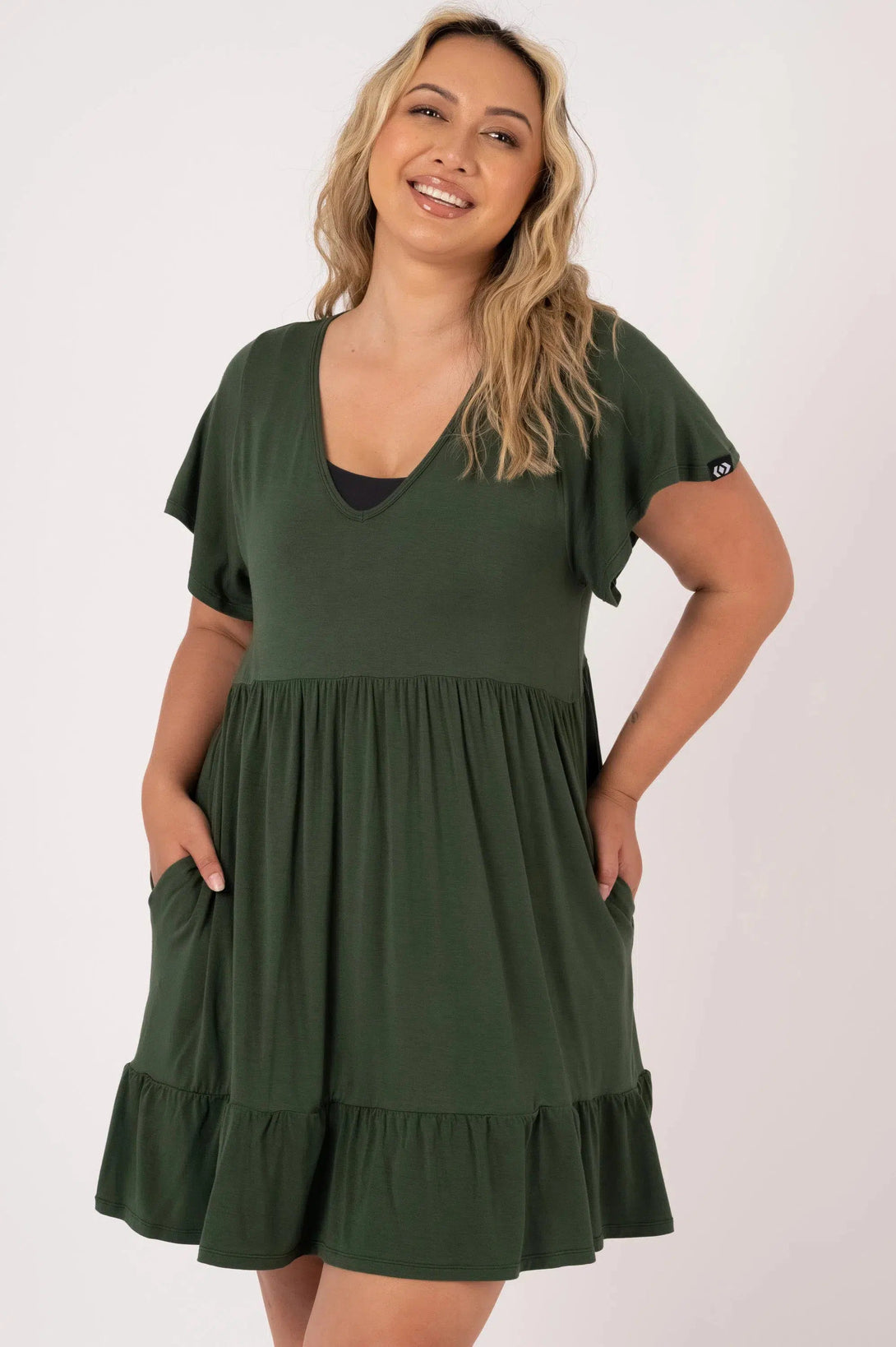 Slinky To Touch Baby Doll V Neck Tiered Mini Dress - Dark Emerald-Activewear-Exoticathletica