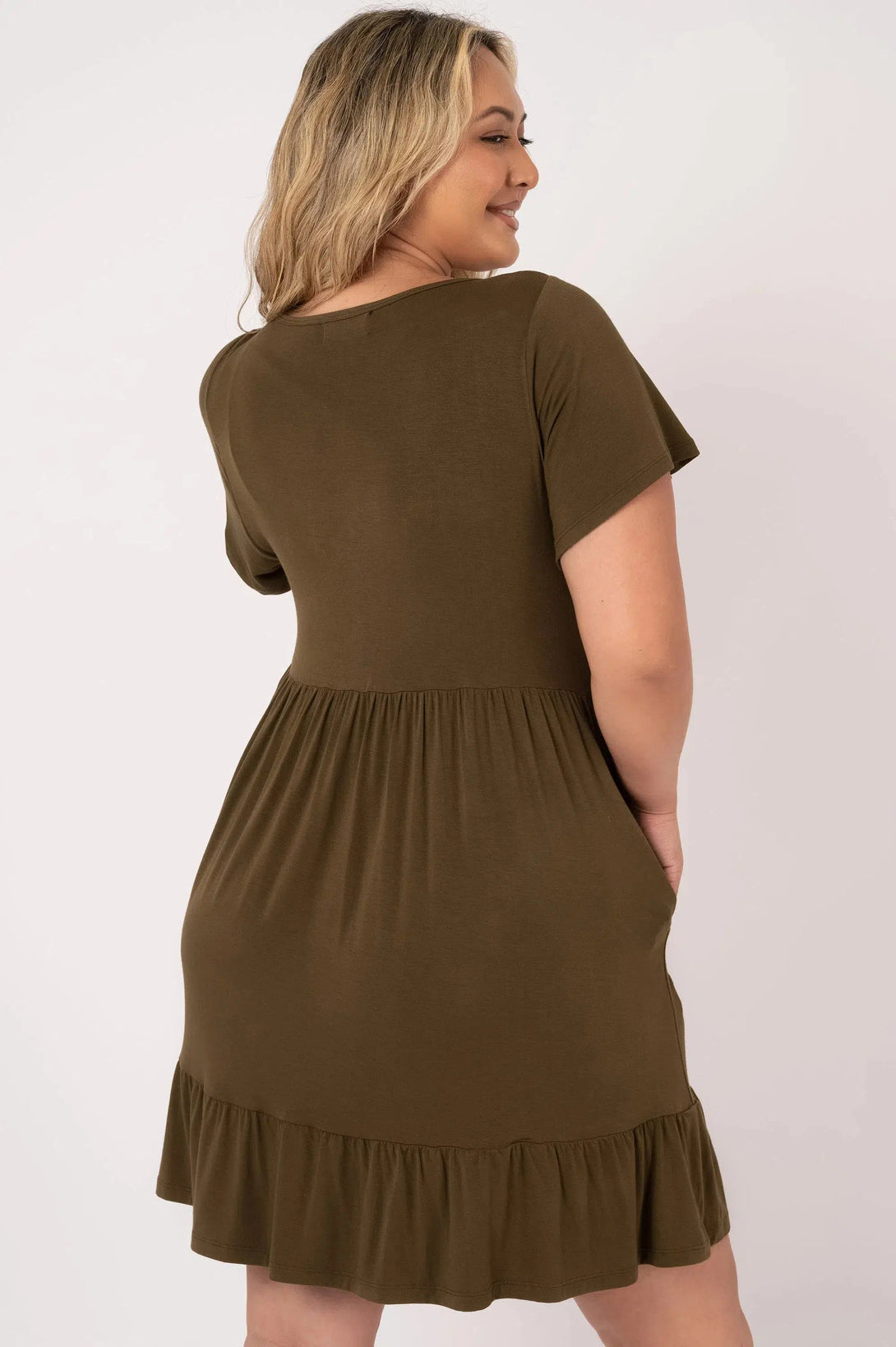 Slinky To Touch Baby Doll V Neck Tiered Mini Dress - Dark Khaki-Activewear-Exoticathletica