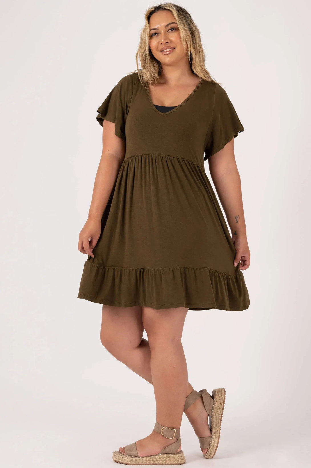 Slinky To Touch Baby Doll V Neck Tiered Mini Dress - Dark Khaki-Activewear-Exoticathletica