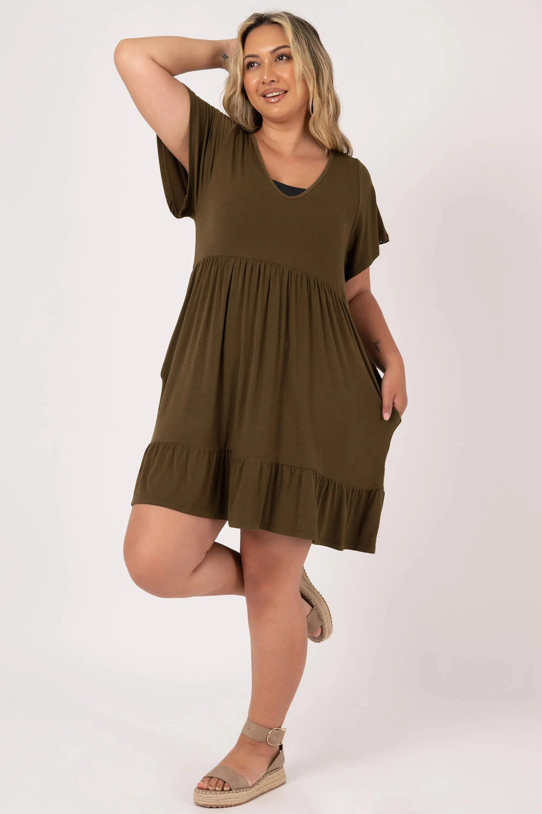 Slinky To Touch Baby Doll V Neck Tiered Mini Dress - Dark Khaki-Activewear-Exoticathletica