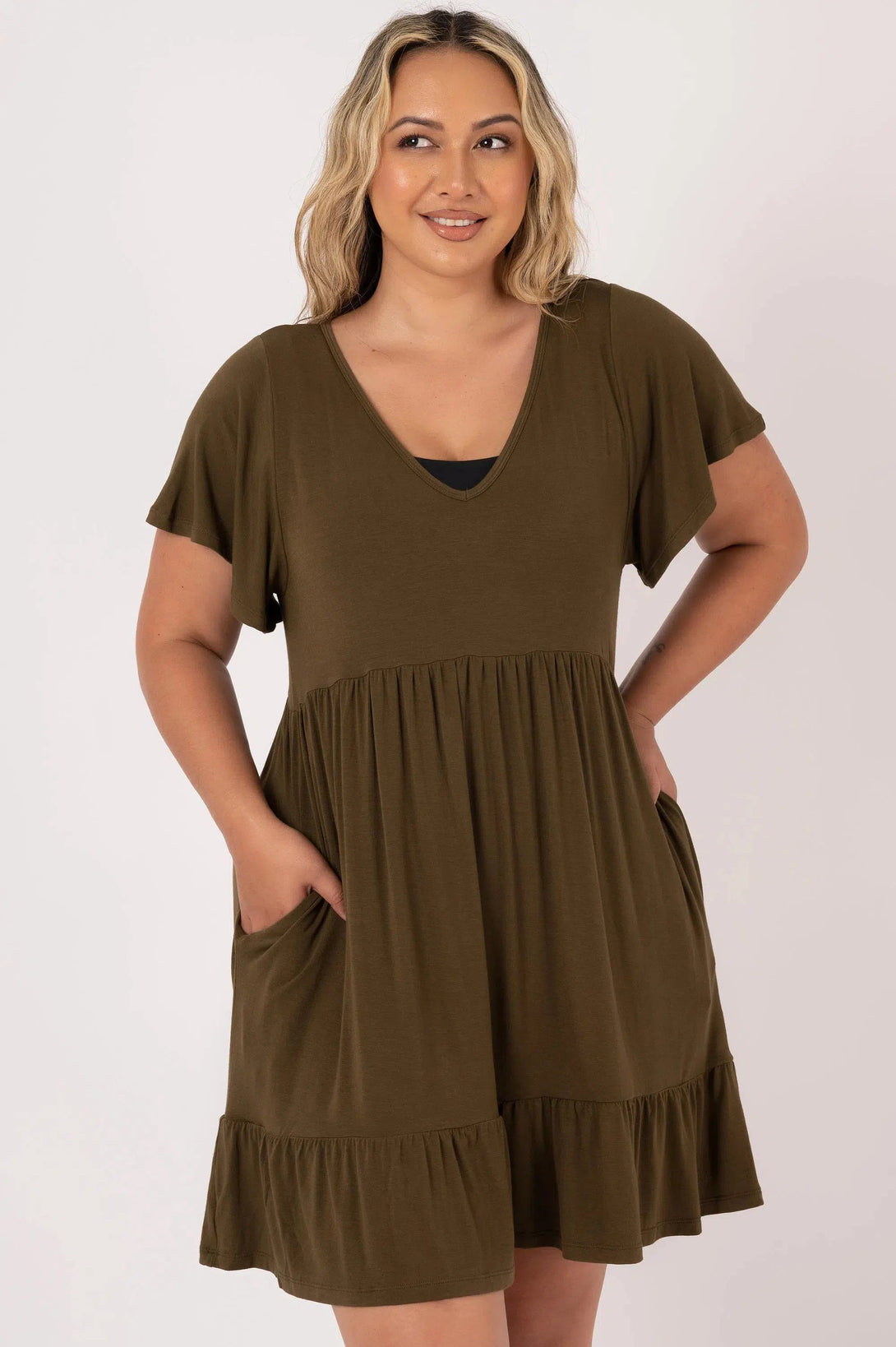 Slinky To Touch Baby Doll V Neck Tiered Mini Dress - Dark Khaki-Activewear-Exoticathletica