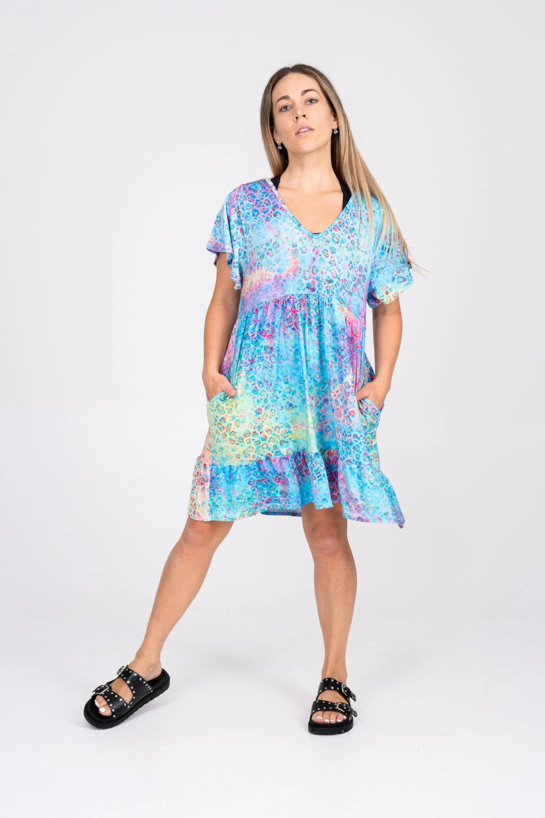 Slinky To Touch Baby Doll V Neck Tiered Mini Dress - Mermaid Jag-Activewear-Exoticathletica