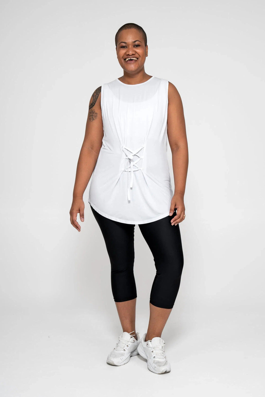 Slinky To Touch Corset Front Sleeveless Boyfriend Tee - White-Activewear-Exoticathletica