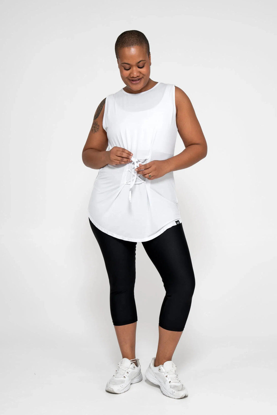 Slinky To Touch Corset Front Sleeveless Boyfriend Tee - White-Activewear-Exoticathletica