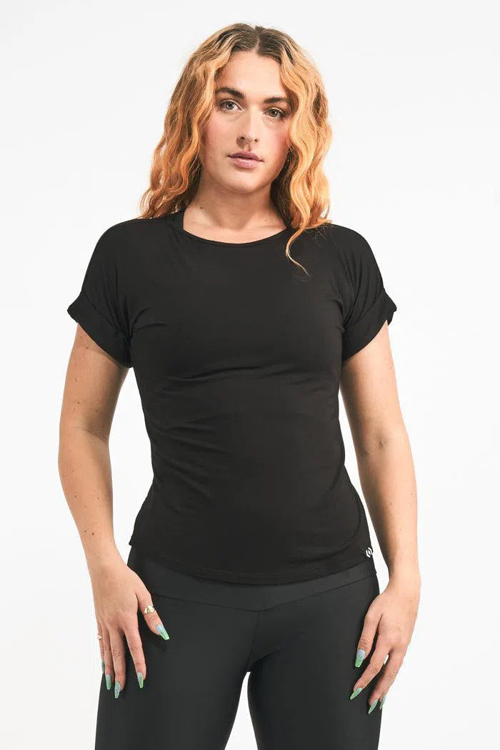 Slinky To Touch Cuffed Sleeve Tee - Black-Activewear-Exoticathletica