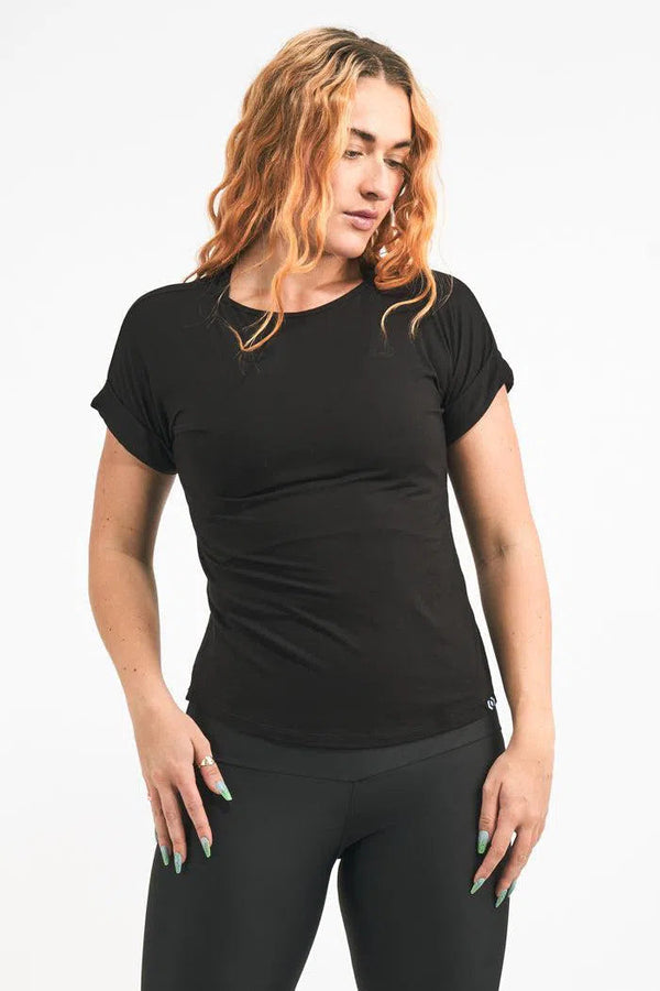 Slinky To Touch Cuffed Sleeve Tee - Black-Activewear-Exoticathletica