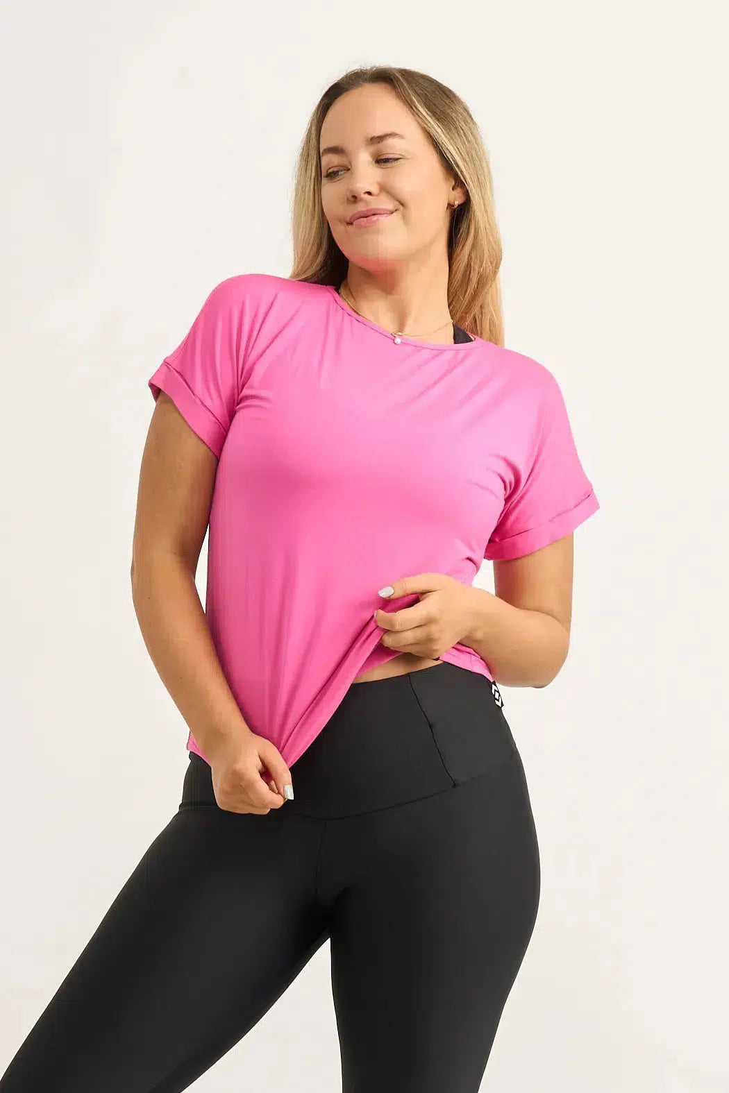 Slinky To Touch Cuffed Sleeve Tee - Candy Pink-Activewear-Exoticathletica