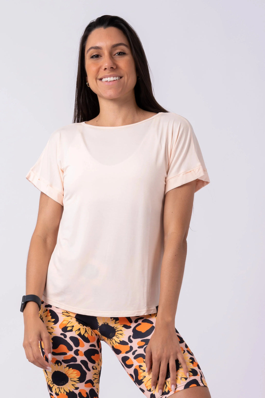 Slinky To Touch Cuffed Sleeve Tee - Light Oatmeal-Activewear-Exoticathletica