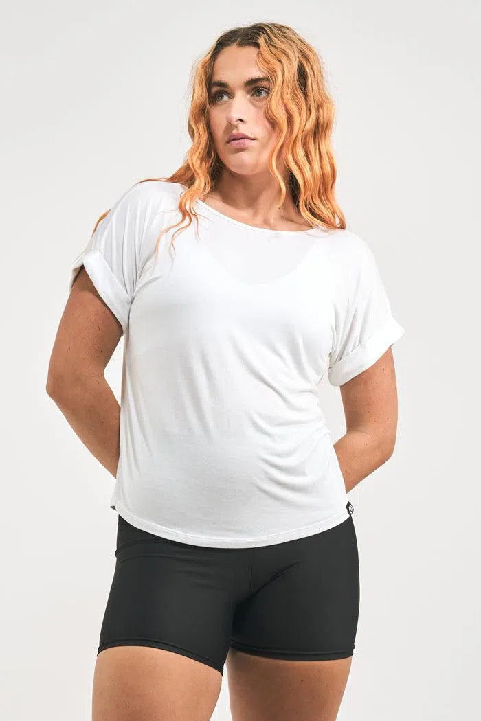 Slinky To Touch Cuffed Sleeve Tee - White-Activewear-Exoticathletica