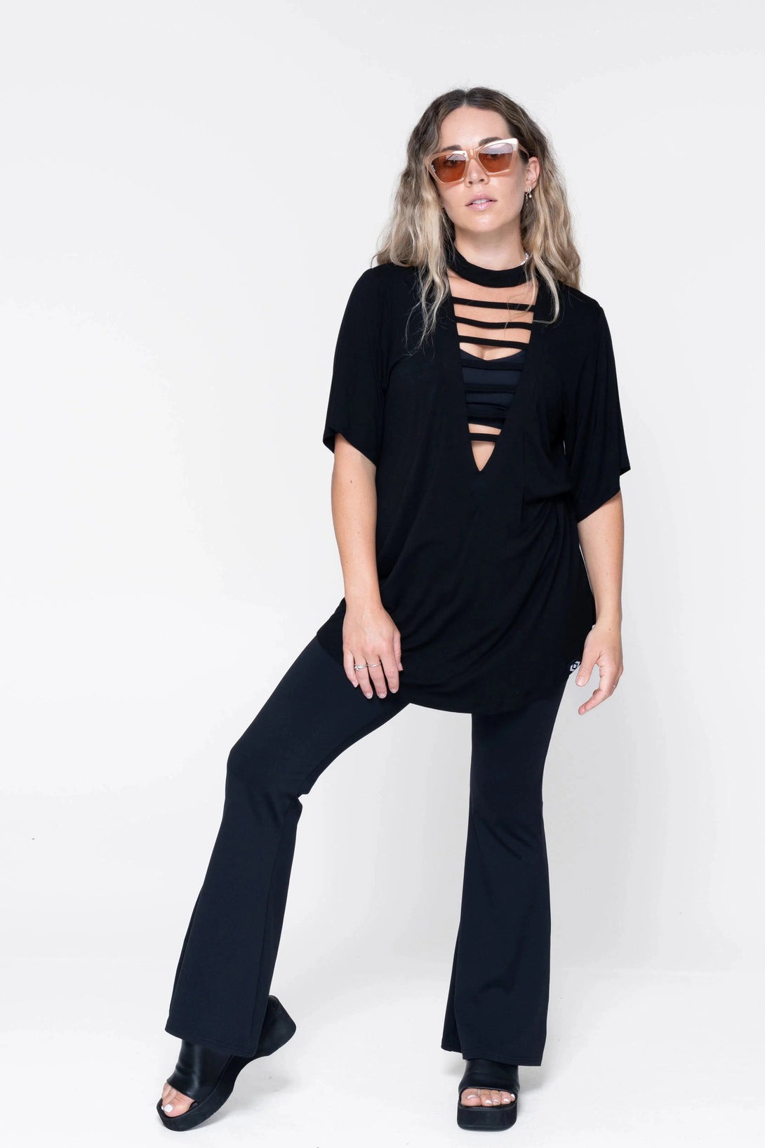 Slinky To Touch Ladder V Front Boyfriend Tee - Black-Activewear-Exoticathletica