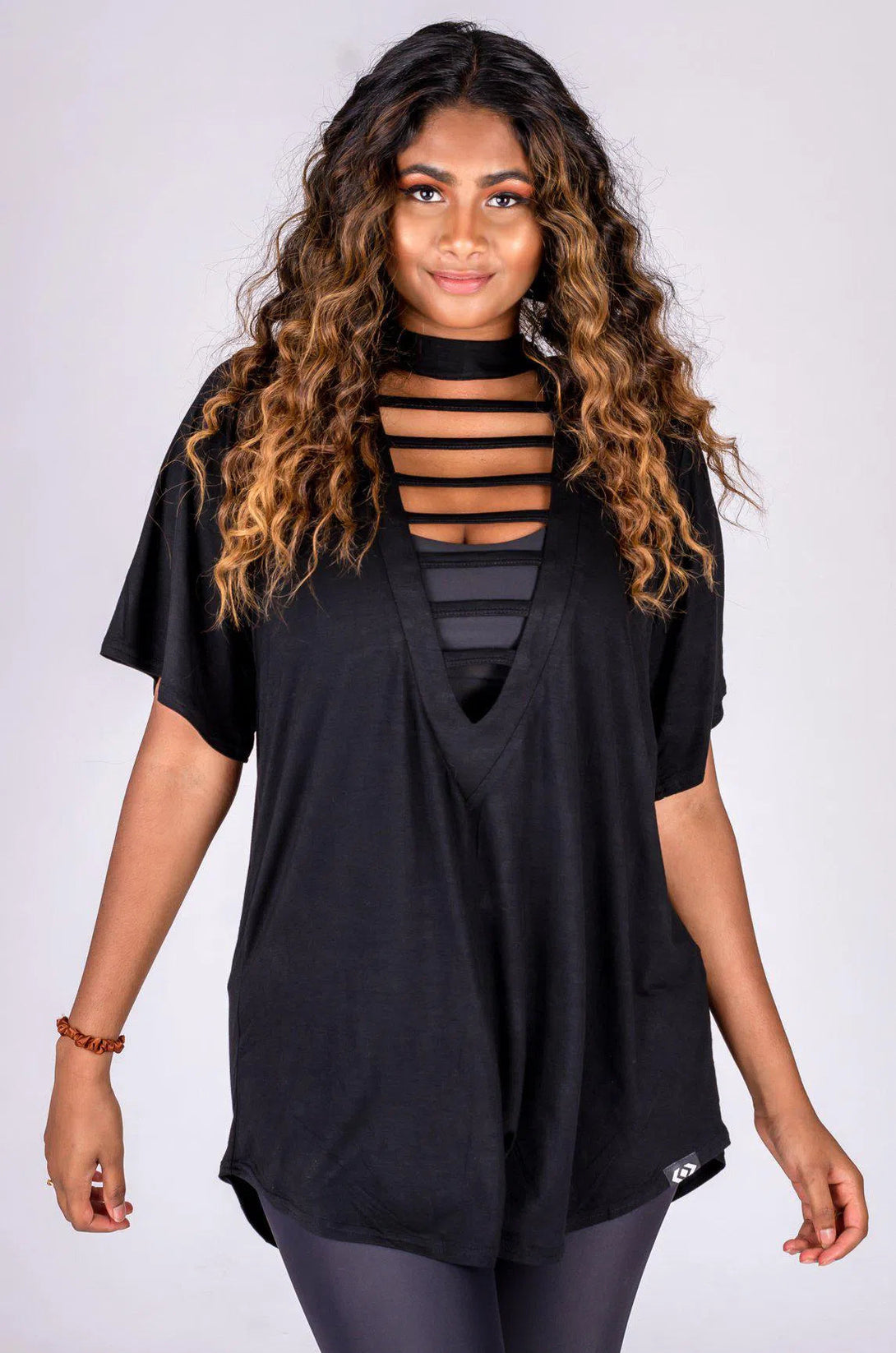 Slinky To Touch Ladder V Front Boyfriend Tee - Black-Activewear-Exoticathletica