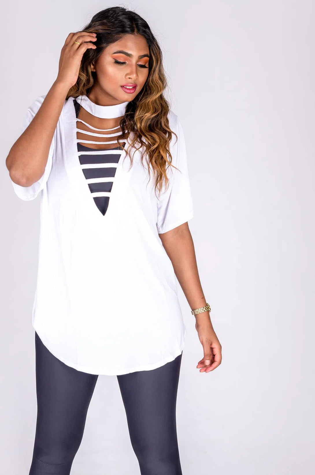 Slinky To Touch Ladder V Front Boyfriend Tee - White-Activewear-Exoticathletica