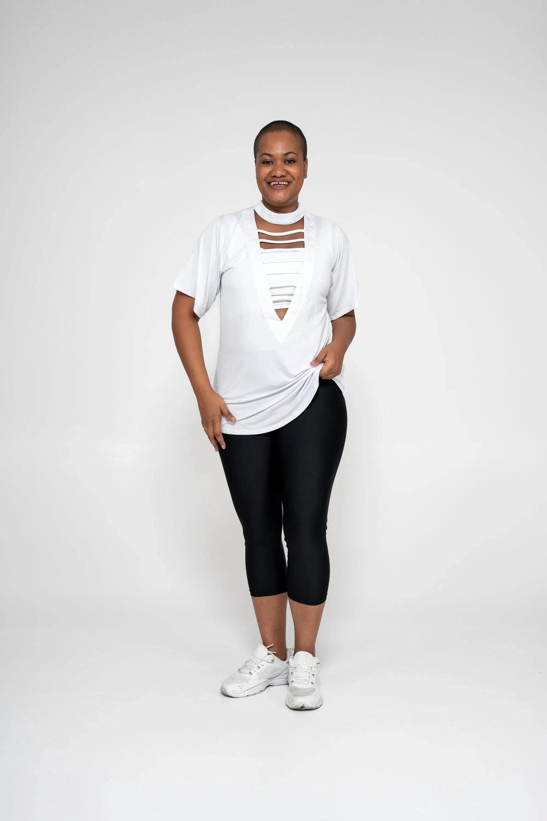 Slinky To Touch Ladder V Front Boyfriend Tee - White-Activewear-Exoticathletica