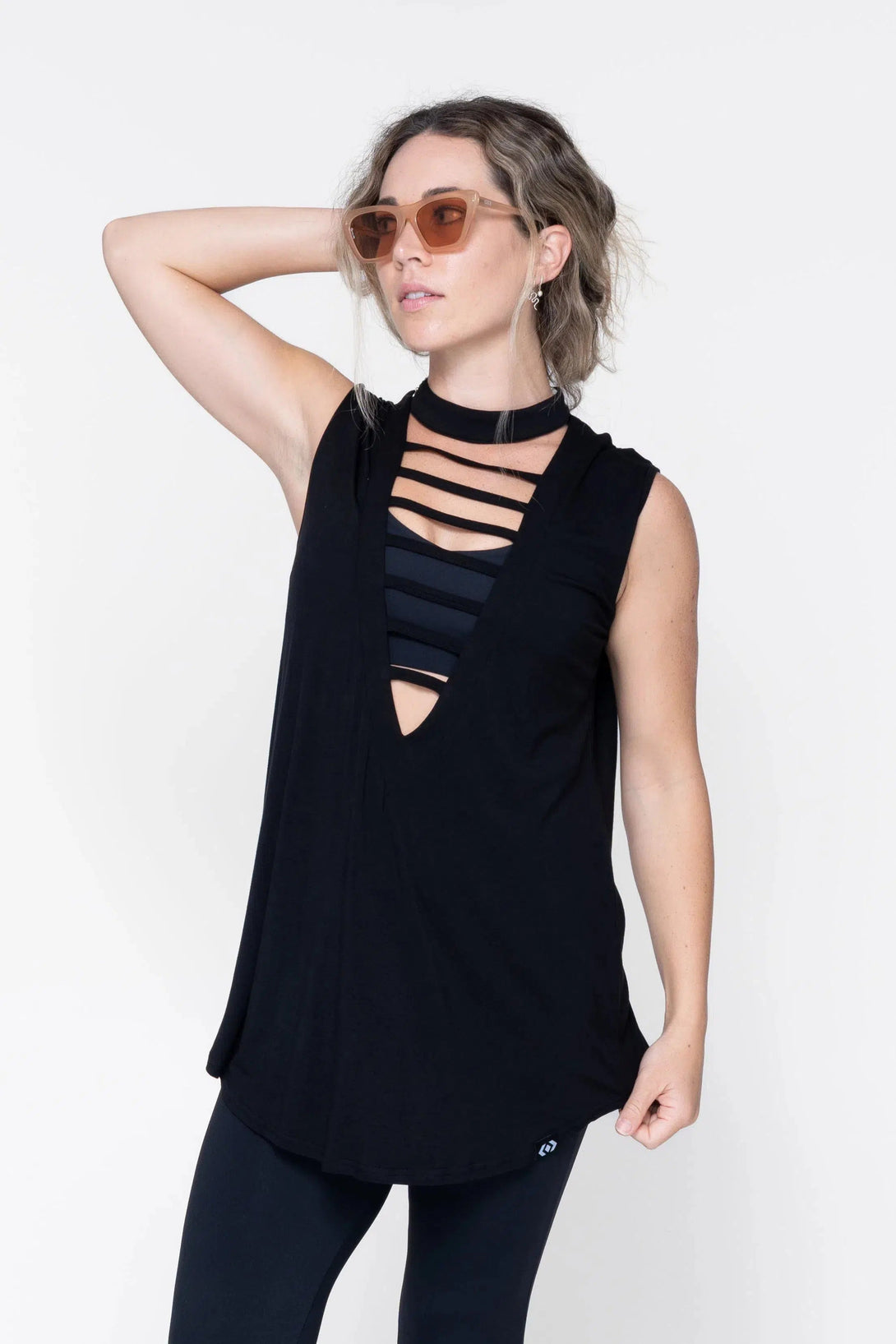 Slinky To Touch Ladder V Front Sleeveless Boyfriend Tee - Black-Activewear-Exoticathletica