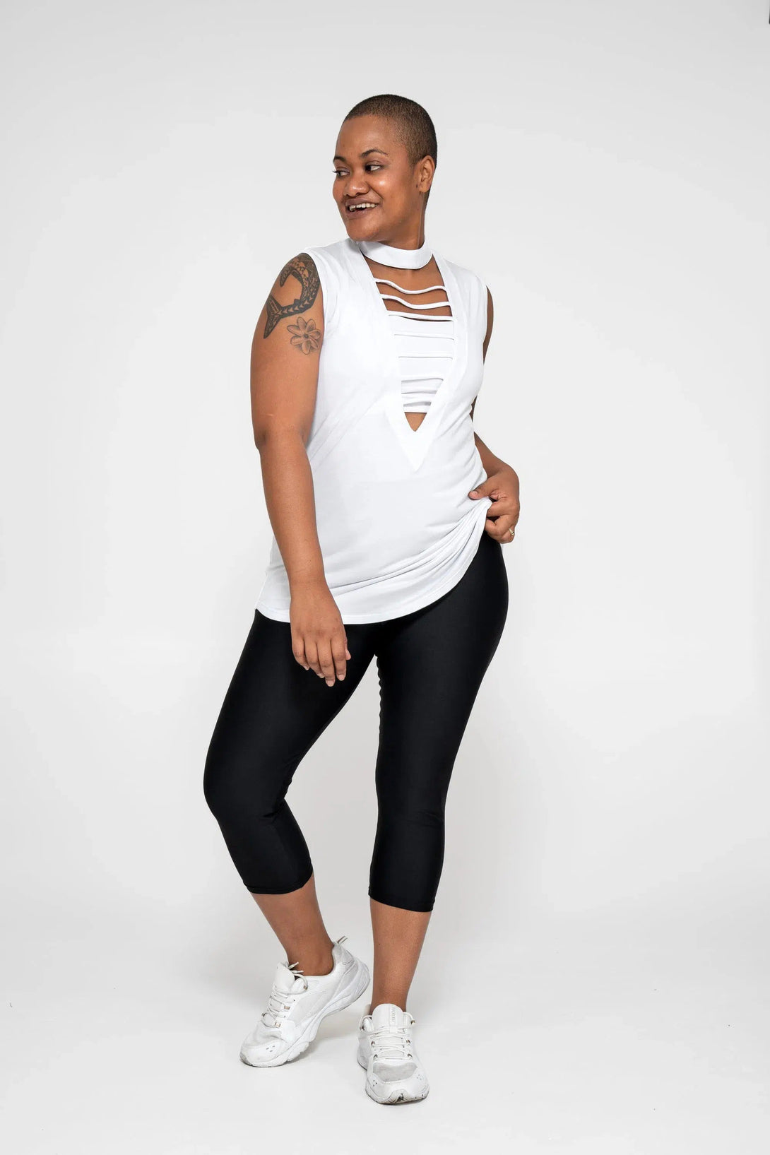 Slinky To Touch Ladder V Front Sleeveless Boyfriend Tee - White-Activewear-Exoticathletica