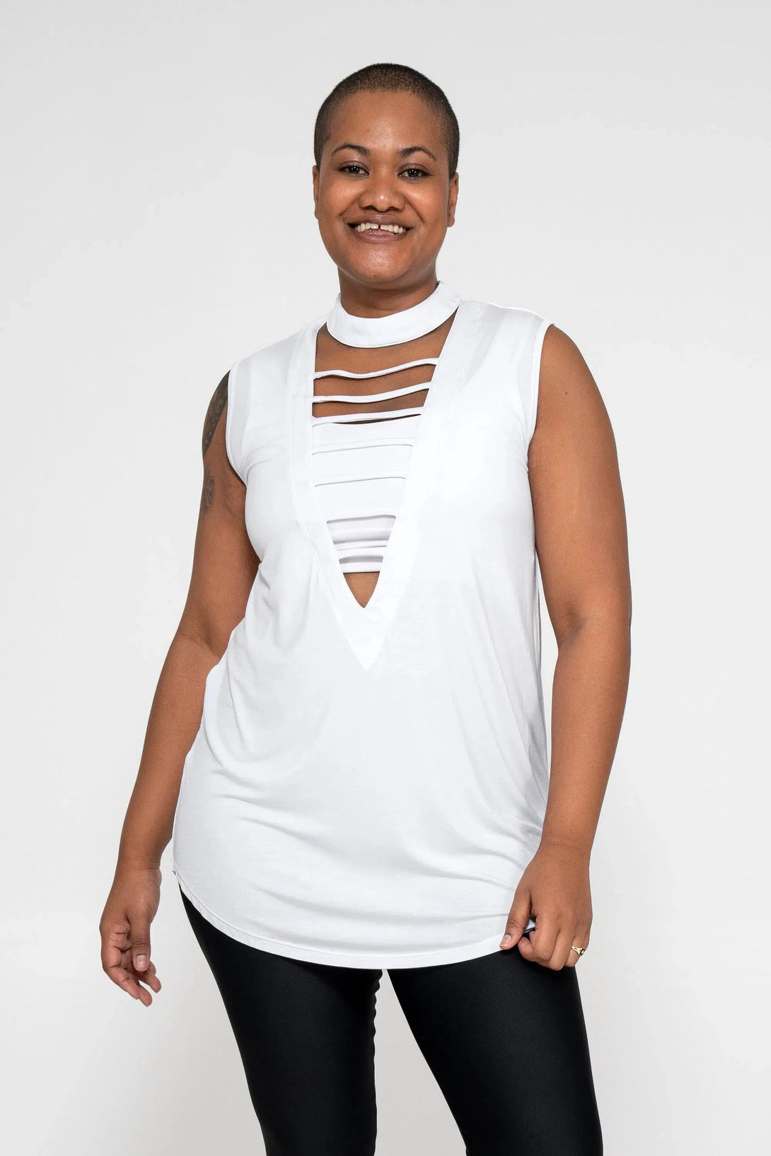 Slinky To Touch Ladder V Front Sleeveless Boyfriend Tee - White-Activewear-Exoticathletica