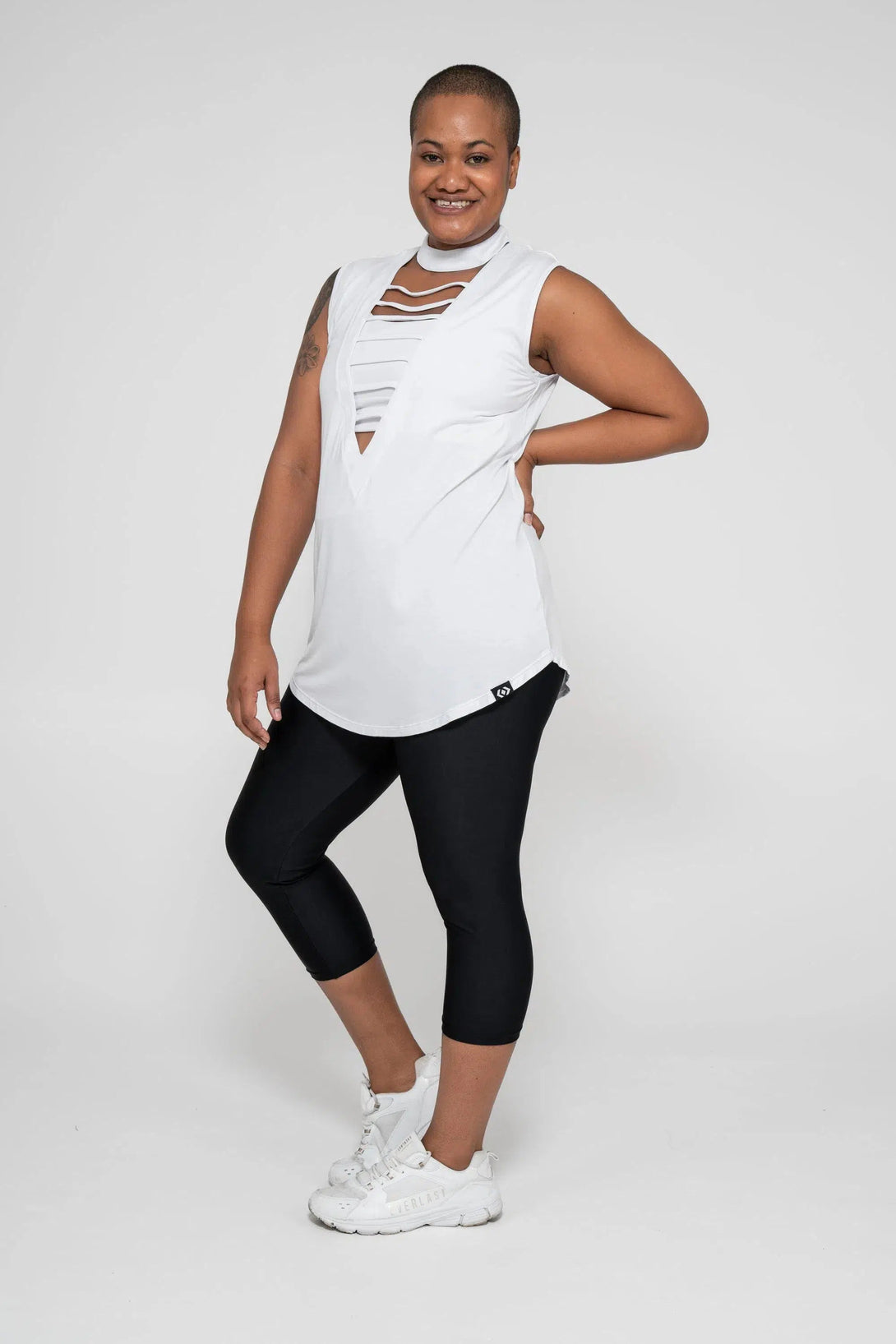 Slinky To Touch Ladder V Front Sleeveless Boyfriend Tee - White-Activewear-Exoticathletica