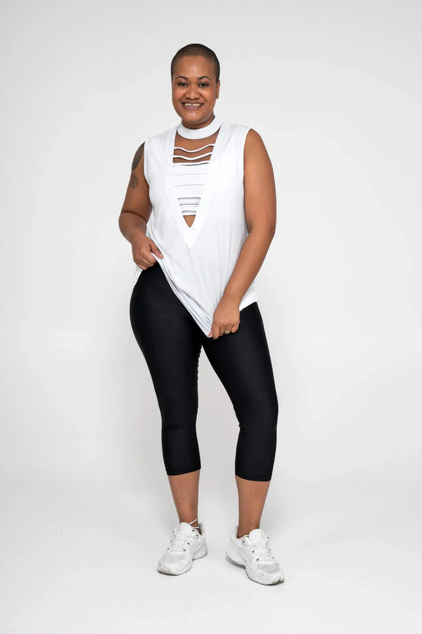 Slinky To Touch Ladder V Front Sleeveless Boyfriend Tee - White-Activewear-Exoticathletica