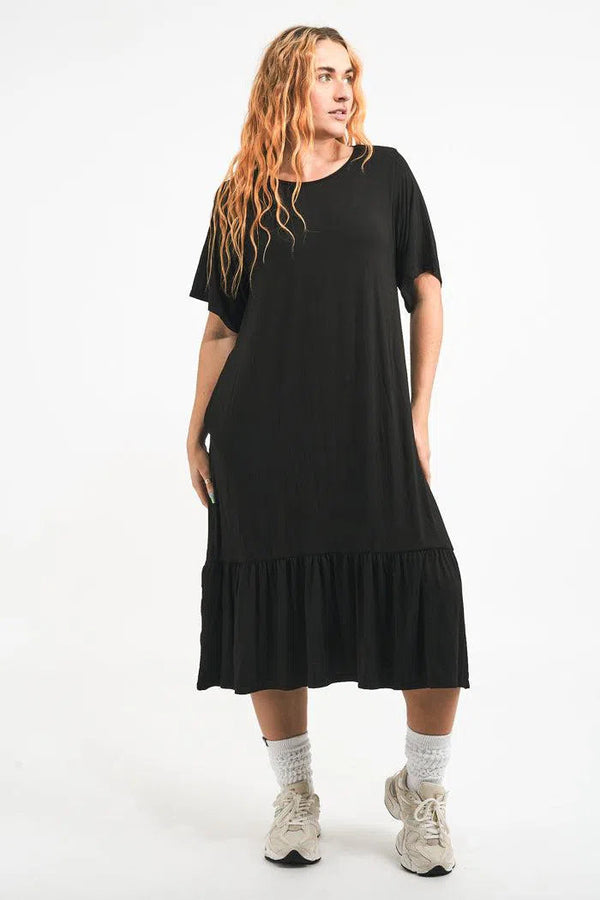 Slinky To Touch Lazy Girl Ruffle Dress - Black-Activewear-Exoticathletica