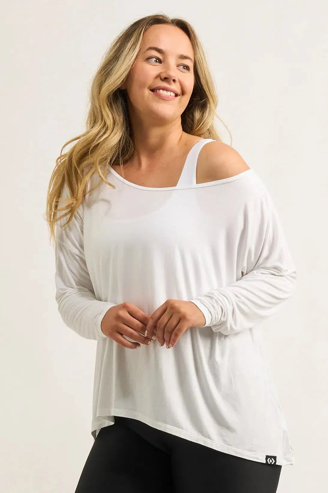 Slinky To Touch Long Sleeve Off The Shoulder Top - White-Activewear-Exoticathletica