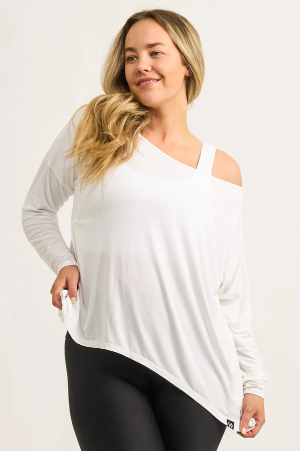 Slinky To Touch Long Sleeve Off The Shoulder Top - White-Activewear-Exoticathletica