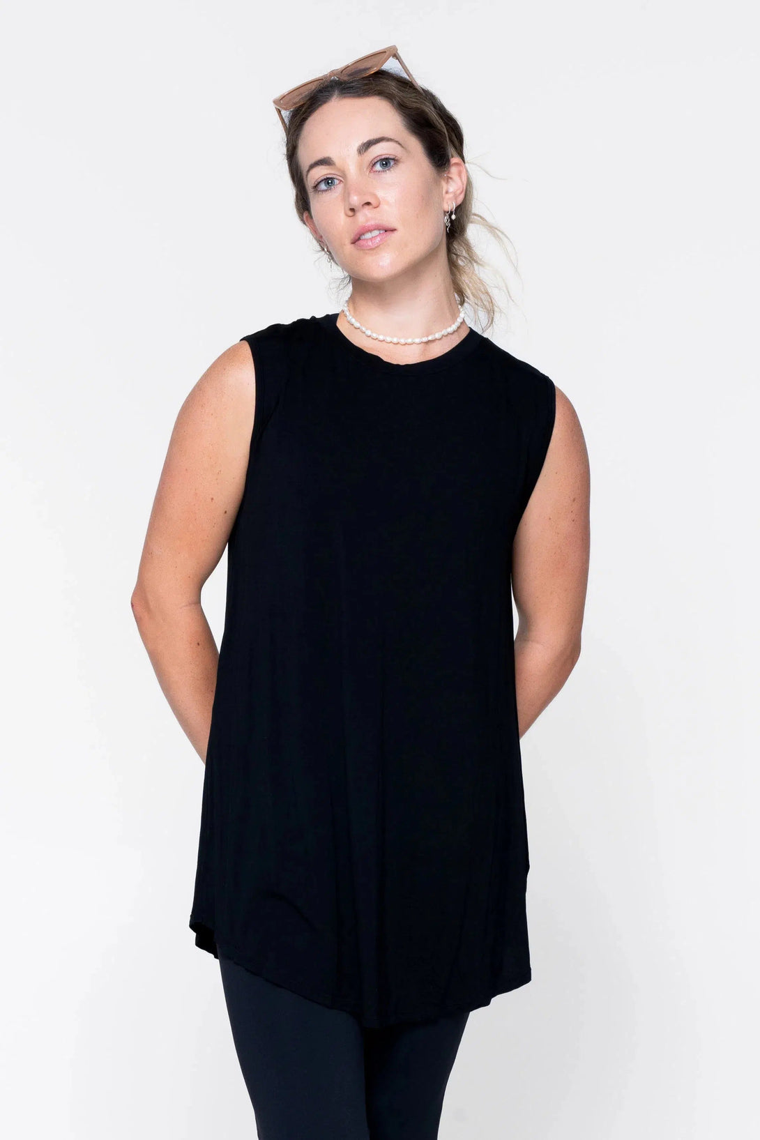 Slinky To Touch Mesh V Back Sleeveless Boyfriend Tee - Black-Activewear-Exoticathletica