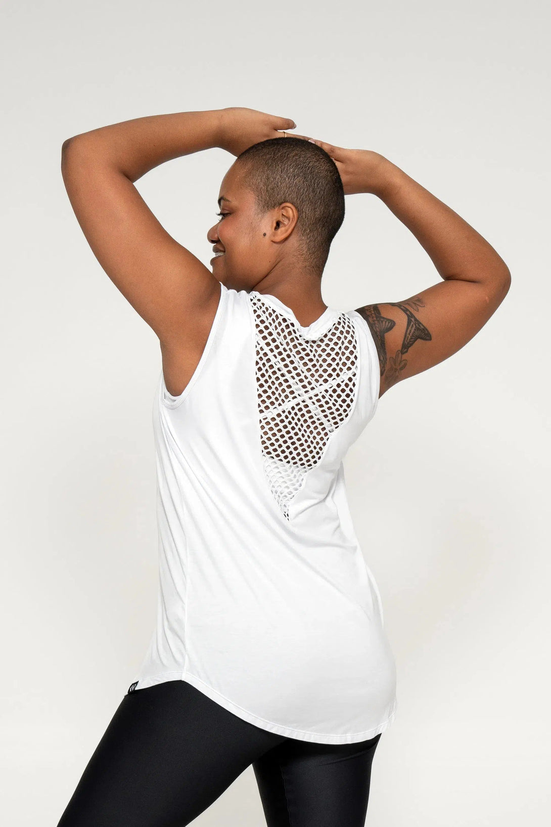 Slinky To Touch Mesh V Back Sleeveless Boyfriend Tee - White-Activewear-Exoticathletica