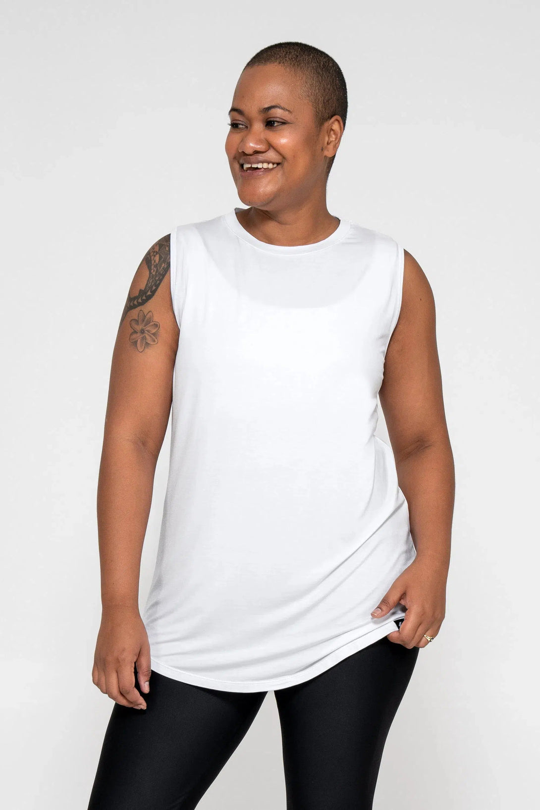 Slinky To Touch Mesh V Back Sleeveless Boyfriend Tee - White-Activewear-Exoticathletica