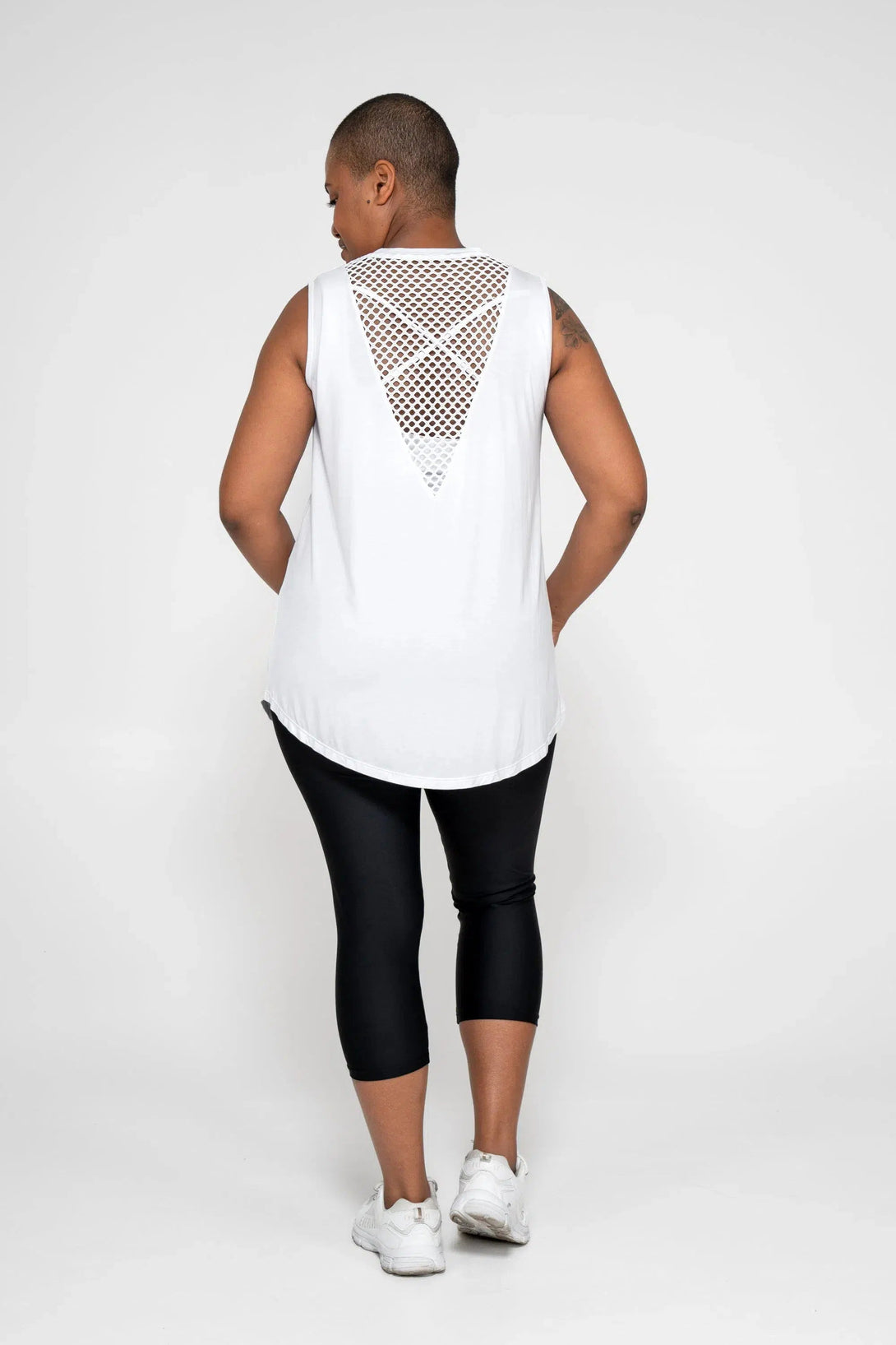 Slinky To Touch Mesh V Back Sleeveless Boyfriend Tee - White-Activewear-Exoticathletica