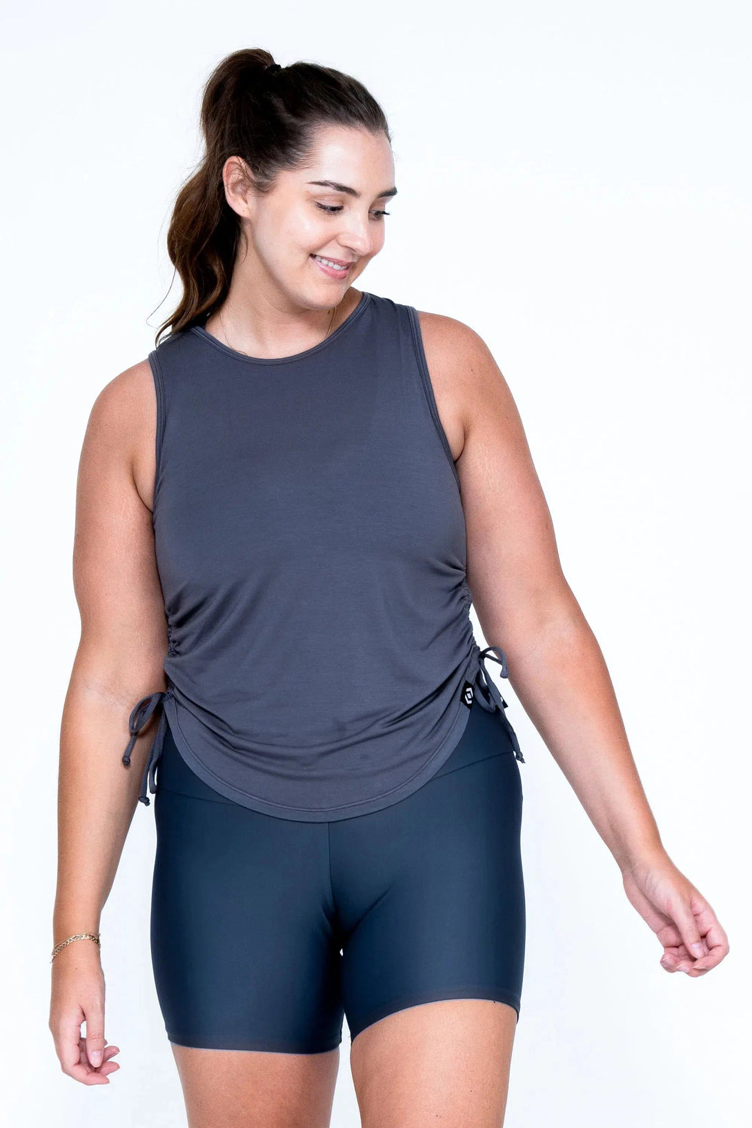 Slinky To Touch Muscle Back Tank W/ Cinched Sides - Dark Charcoal-Activewear-Exoticathletica